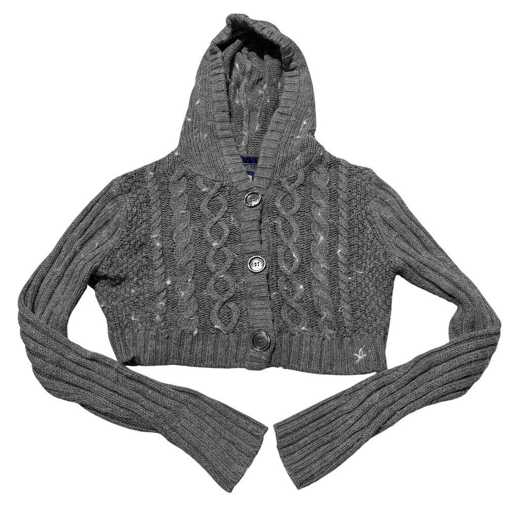 Aerie Crop Top Cable Chunky Knit Hooded‎ Sweater Long Sleeve Fairy Y2K Preppy